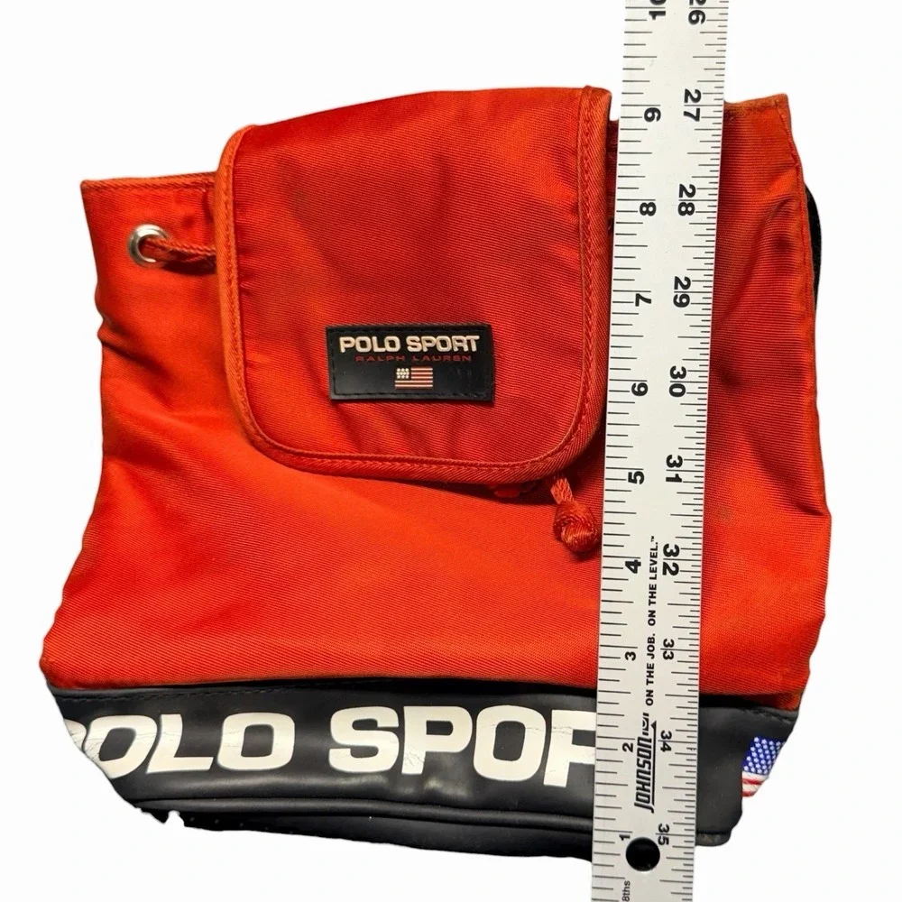 Vintage Polo Sport Ralph Lauren Red Nylon Drawstring Backpack Bag USA Flag